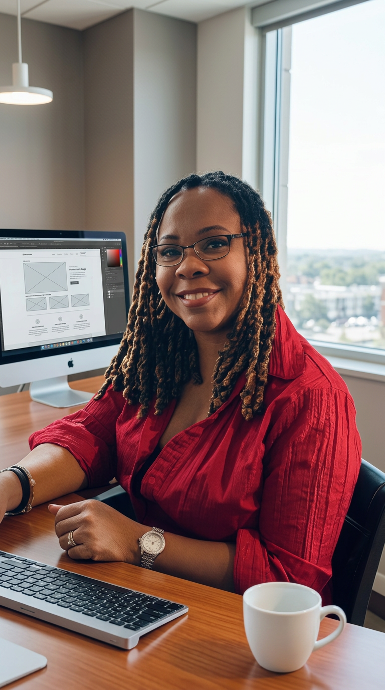 Michelle Jones, founder of M&M Jones Web Studio Designs, designing a website at her office desk