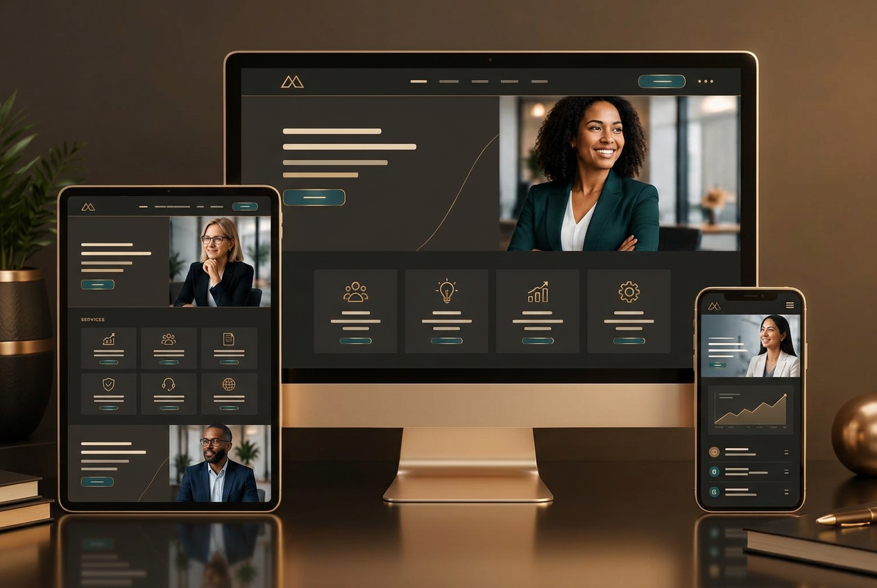 Stylized preview of universal business website templates on desktop, tablet and phone screens