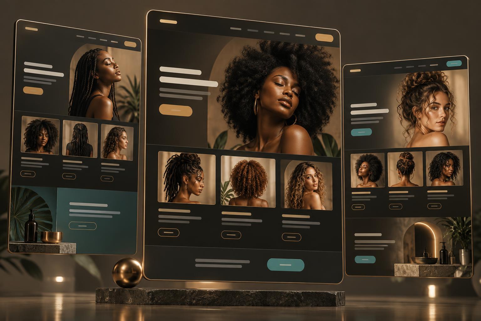 Stylized preview of hair salon website template designs on floating screens