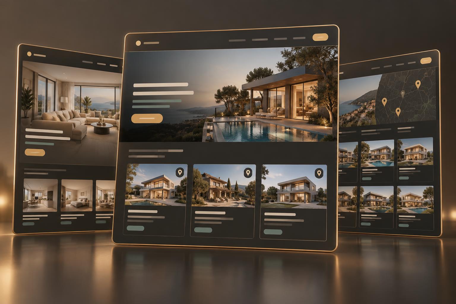 Stylized preview of real estate website template designs on floating screens